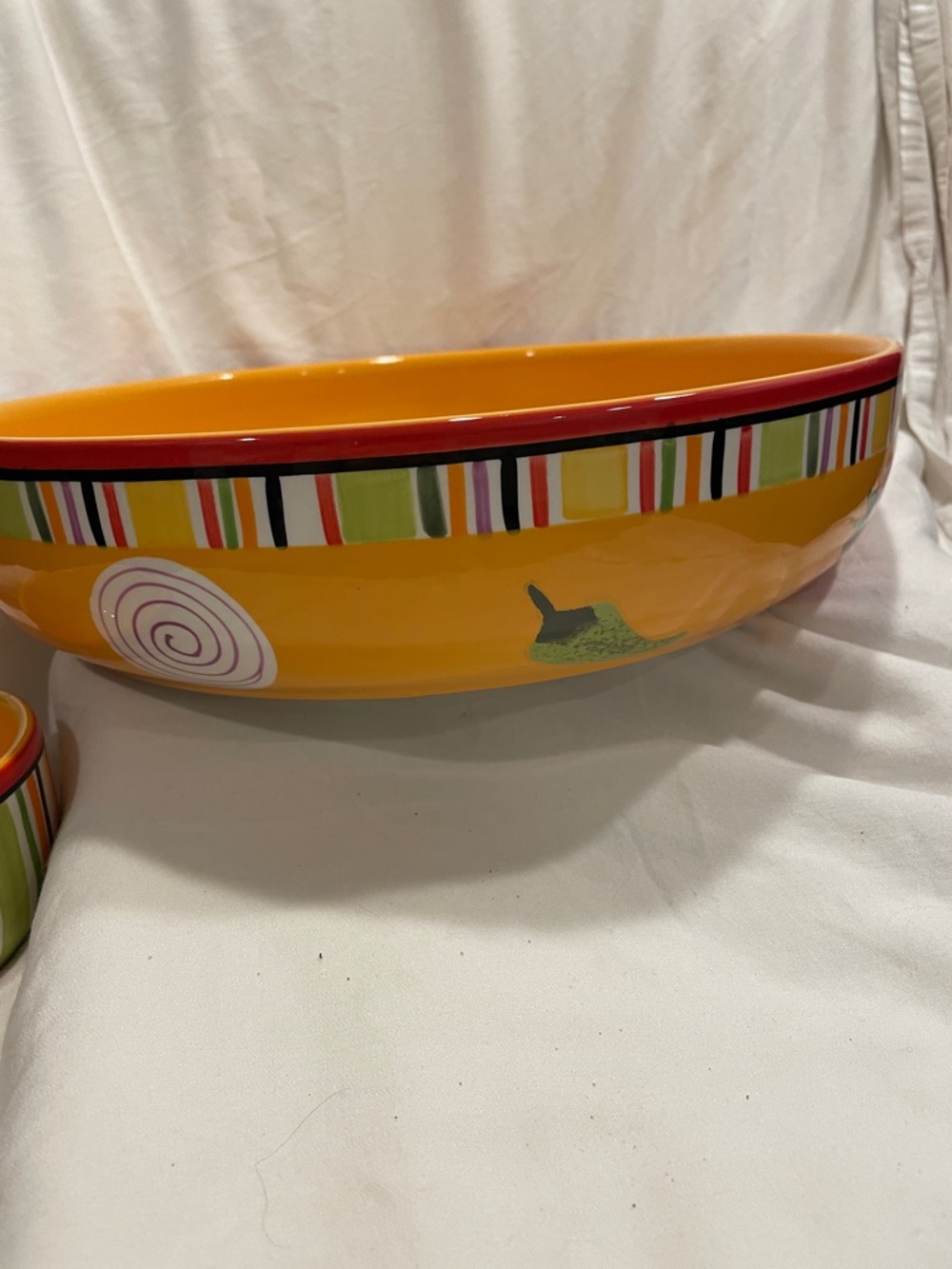 Crate&Barrel Yellow and Red Striped Ceramic Serving Bowl